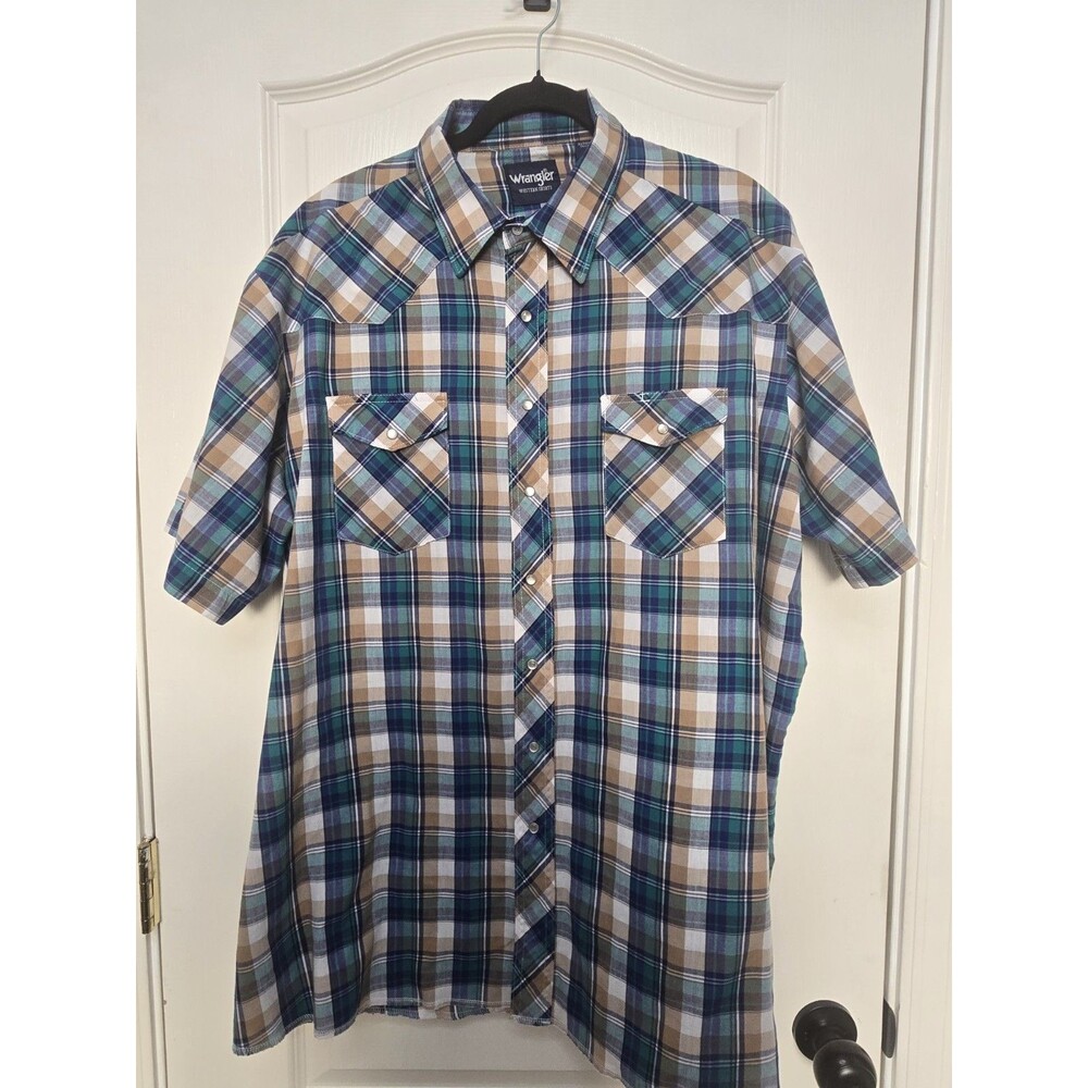 Wrangler Western Shirt Men’s TALL 2XT Plaid Brown green Short Sleeve Pearl Snap